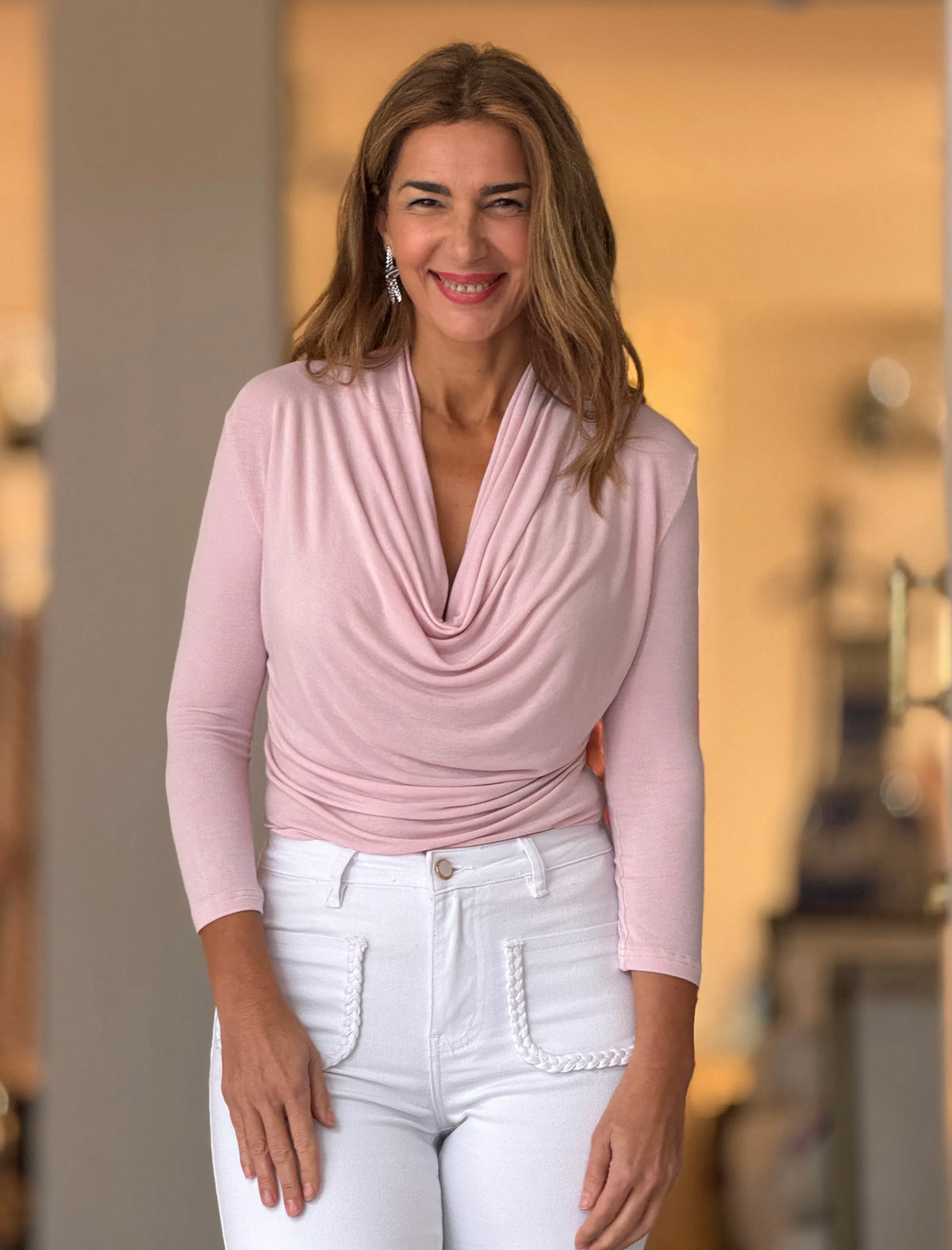 Camiseta drapeada de viscosa rosa