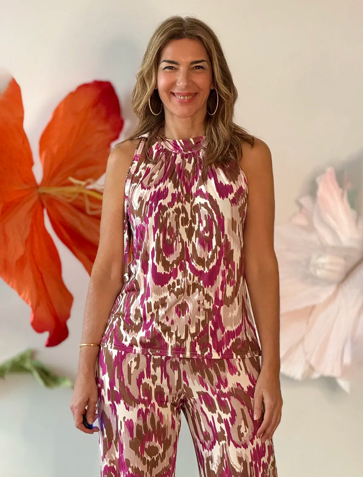 Top favorecedor y Pantalón palazzo soft Ikat buganvilla