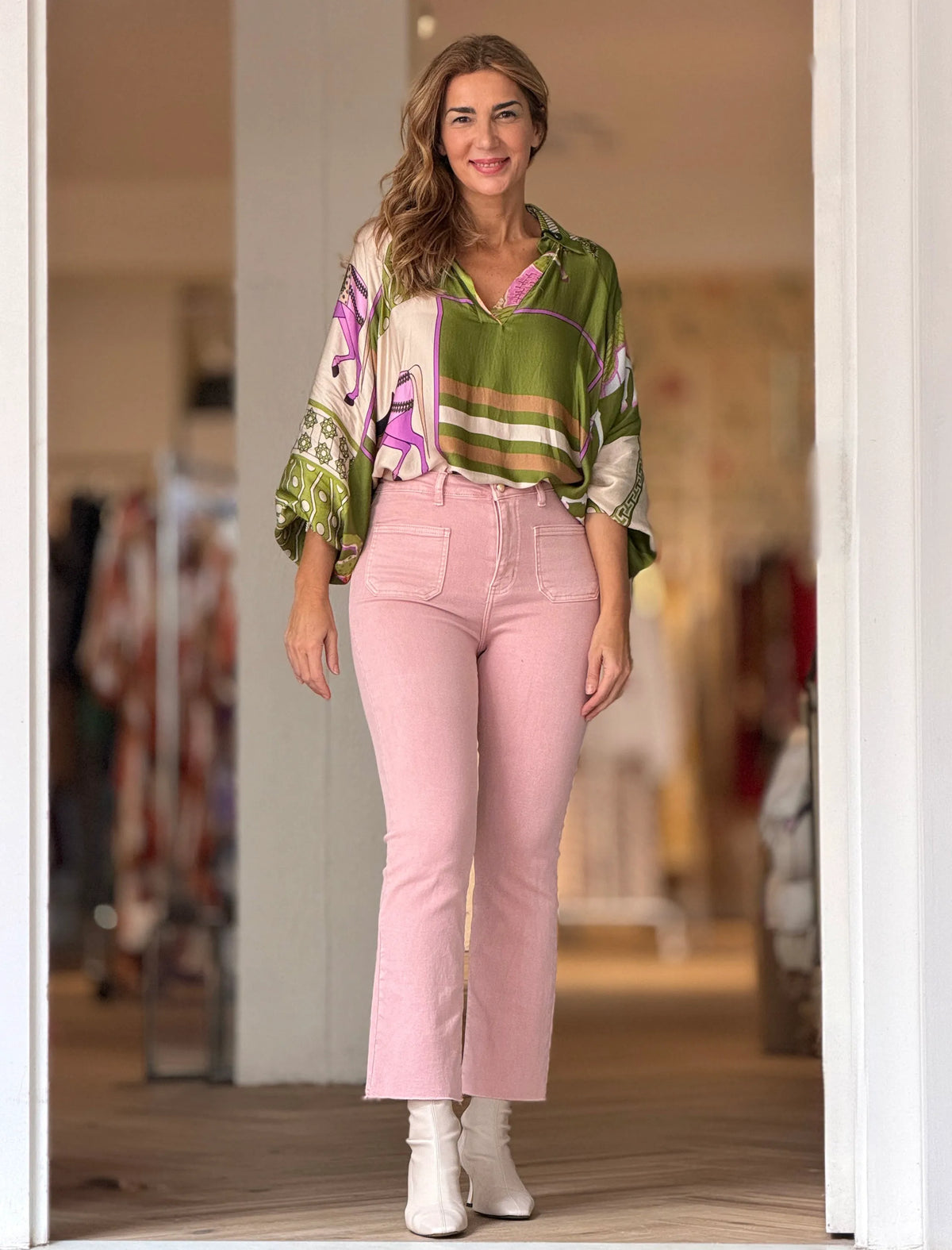 Pantalón vaquero rosa elástico