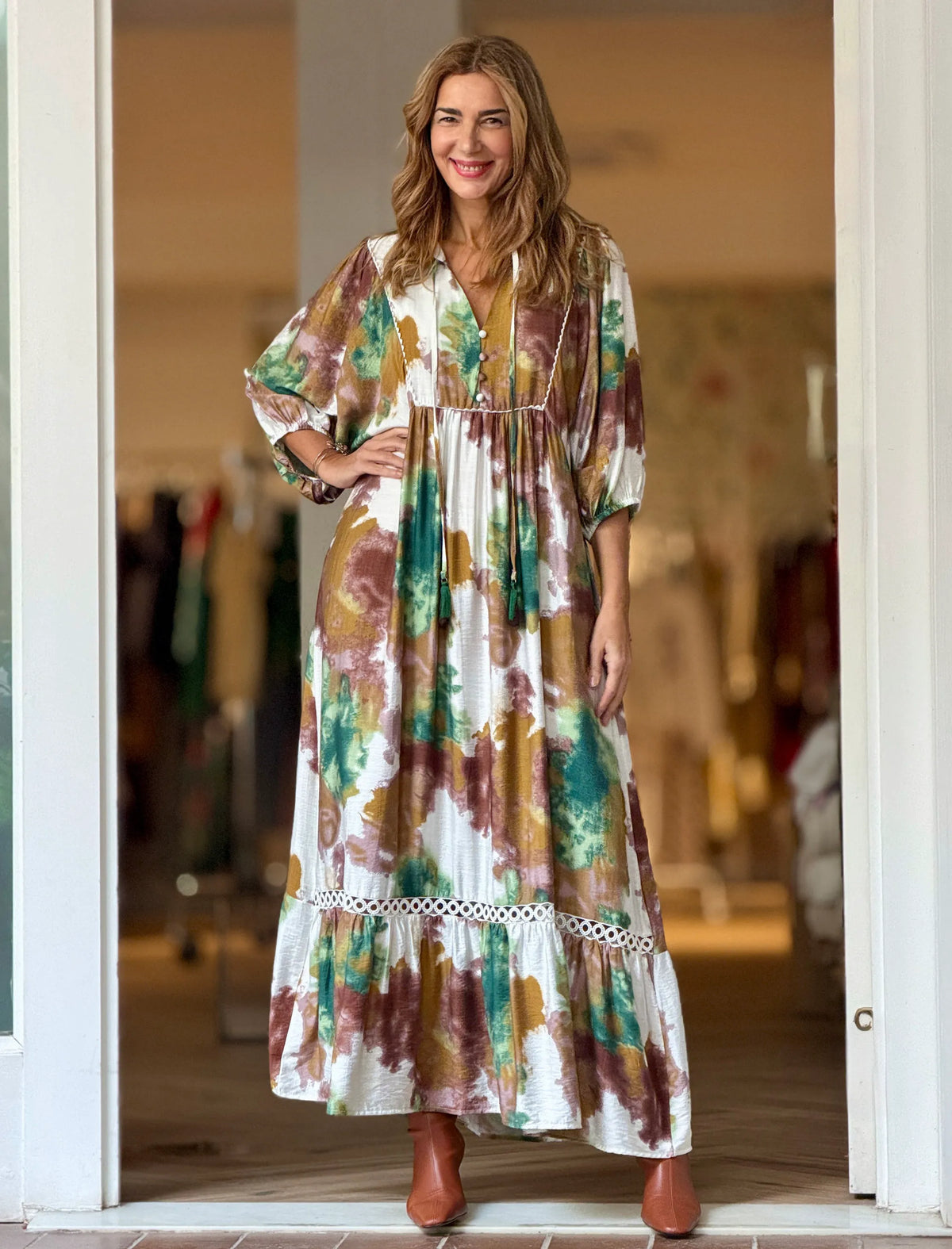 Vestido Ideal boho fluido arena