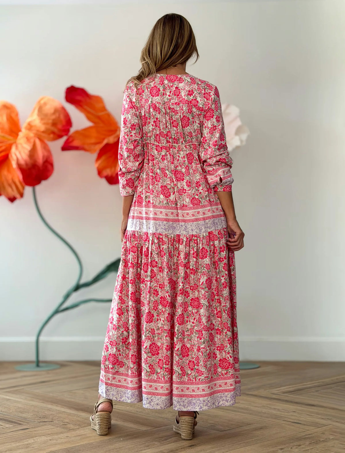Vestido largo boho estampado rosa
