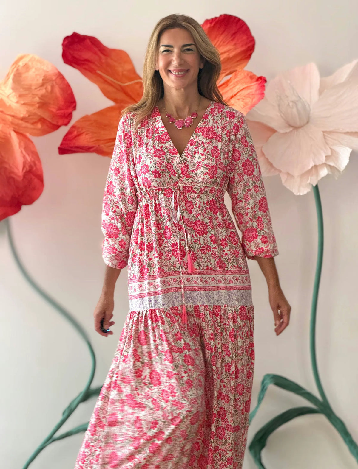 Vestido largo boho estampado rosa