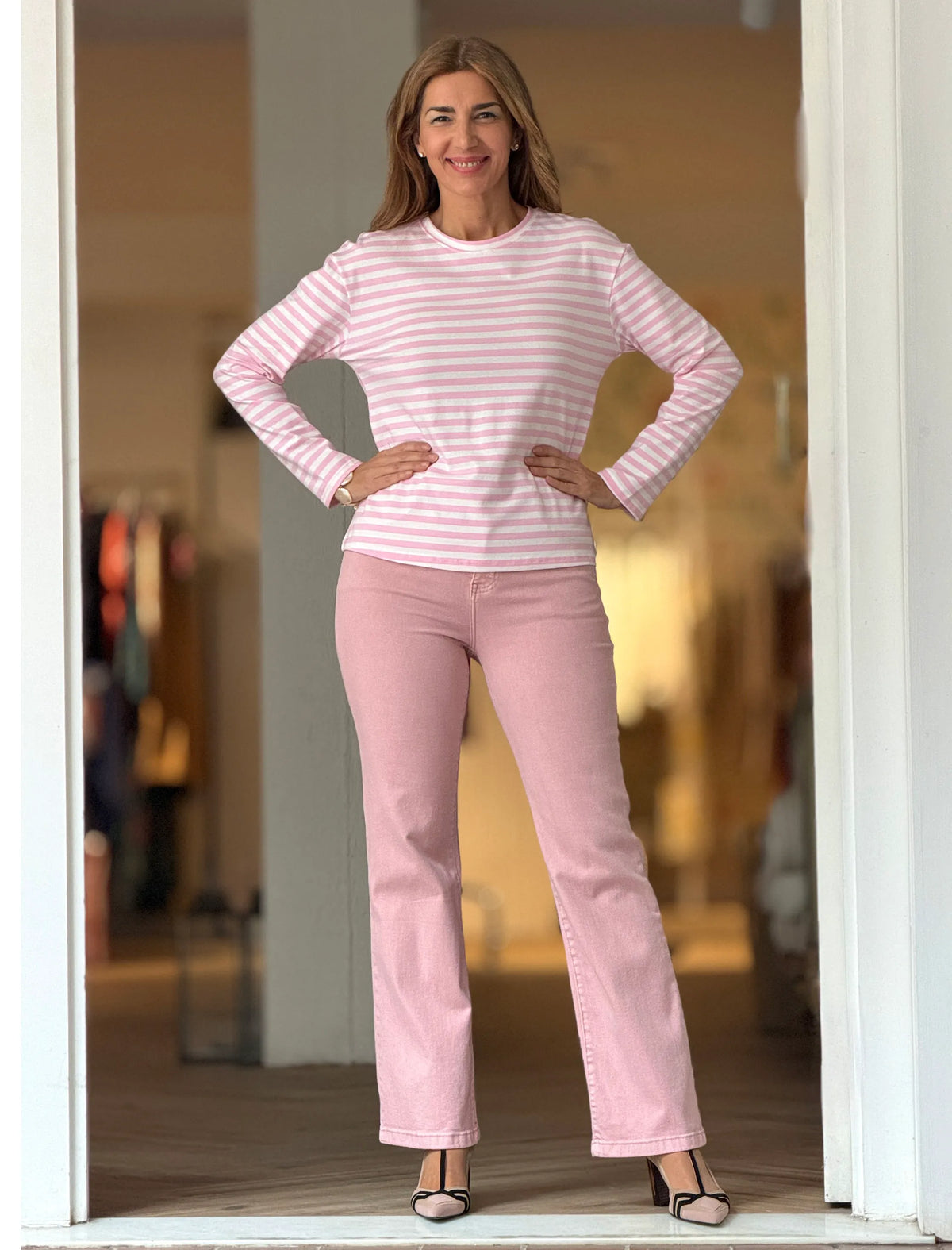 Camiseta marinera muy chic rosa blanca
