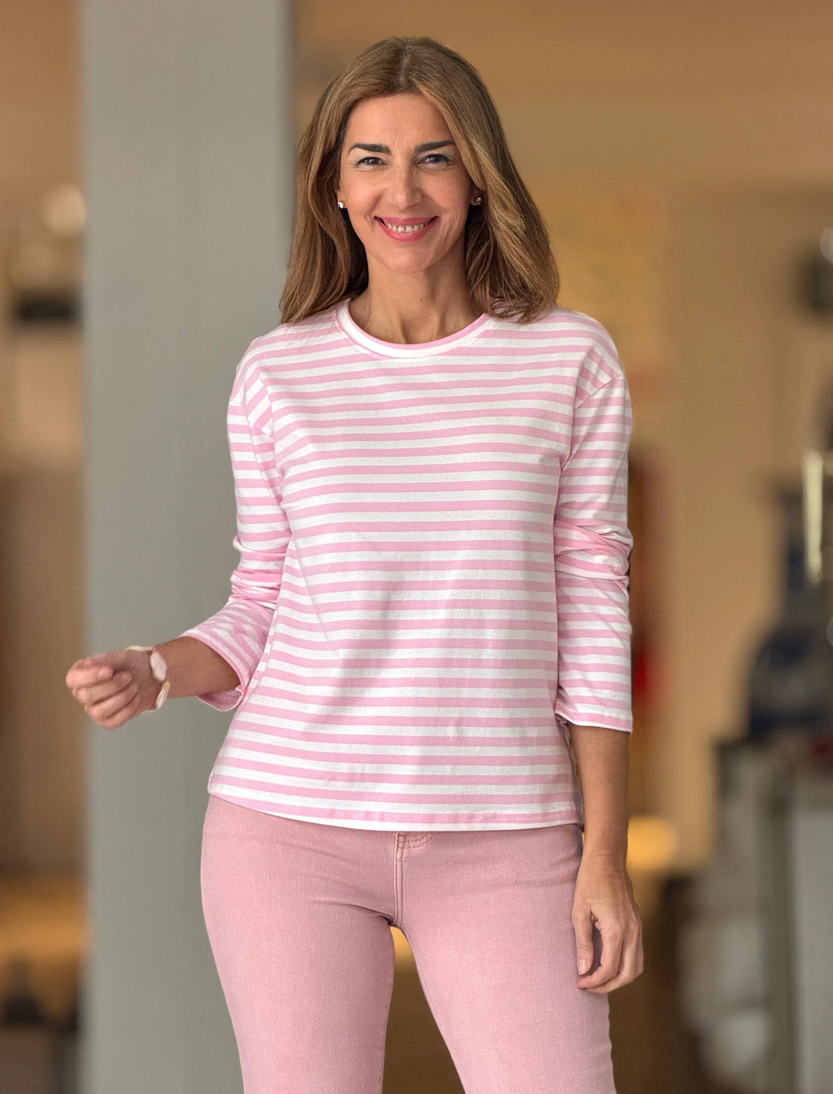 Camiseta marinera muy chic rosa blanca