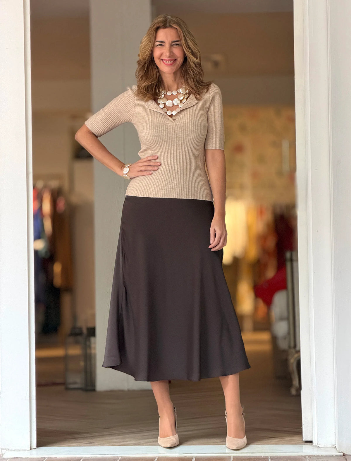 Camiseta beige de canalé suave
