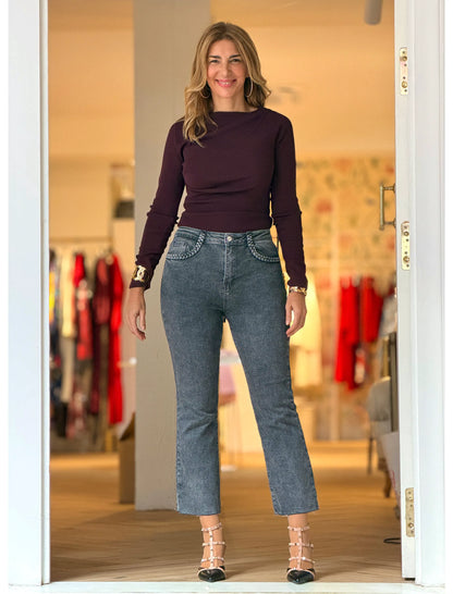Pantalón vaquero gris bolsillos trenzados