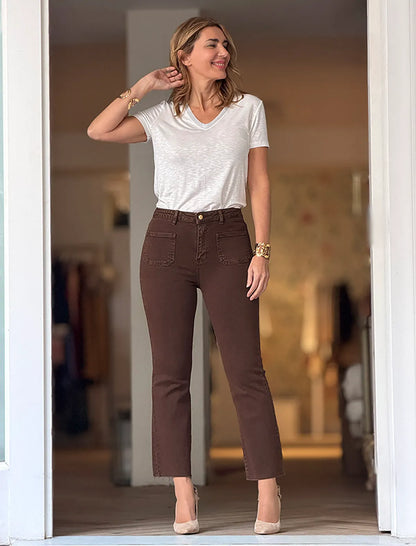 Pantalón vaquero marrón flare elástico