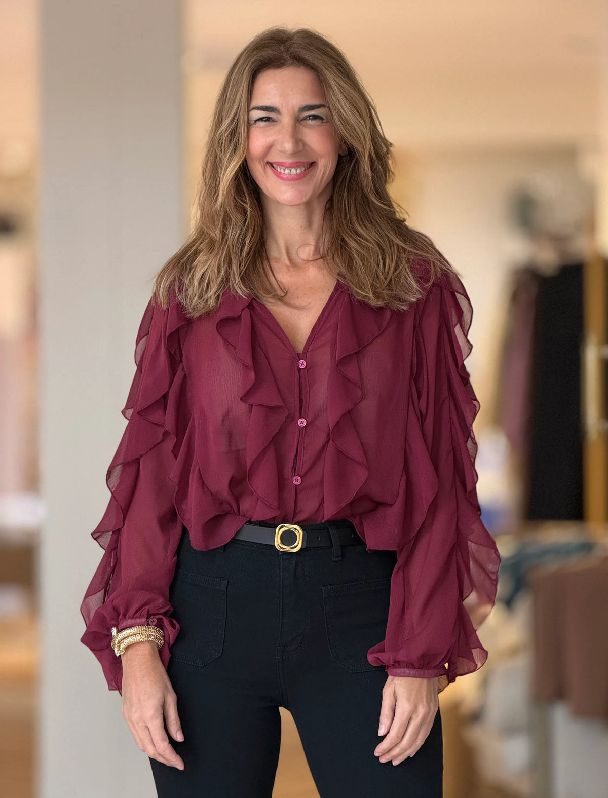Camisa burdeos gasa volantes chic