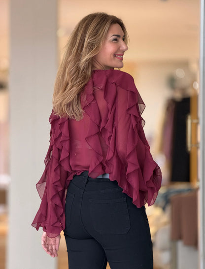 Camisa burdeos gasa volantes chic