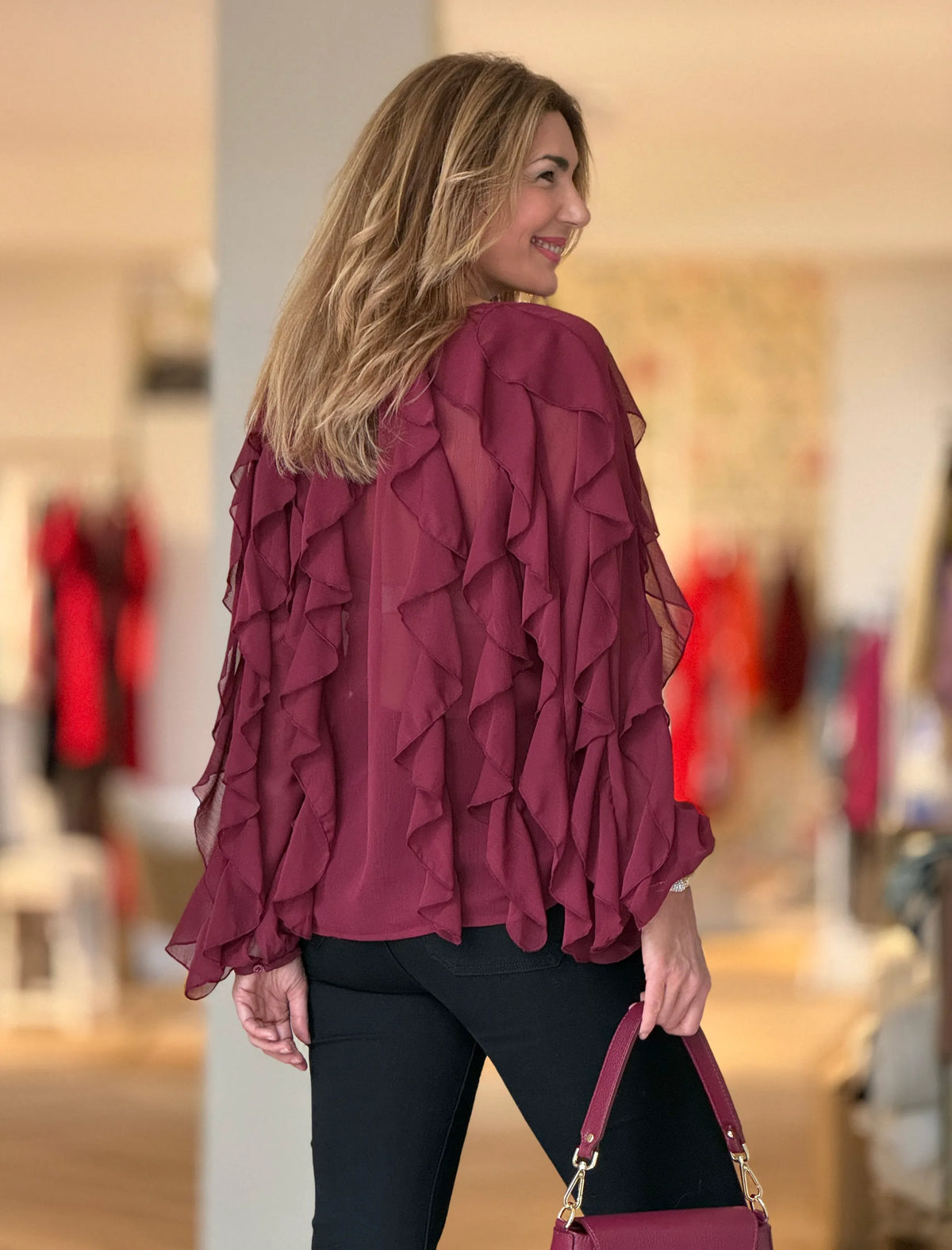 Camisa burdeos gasa volantes chic