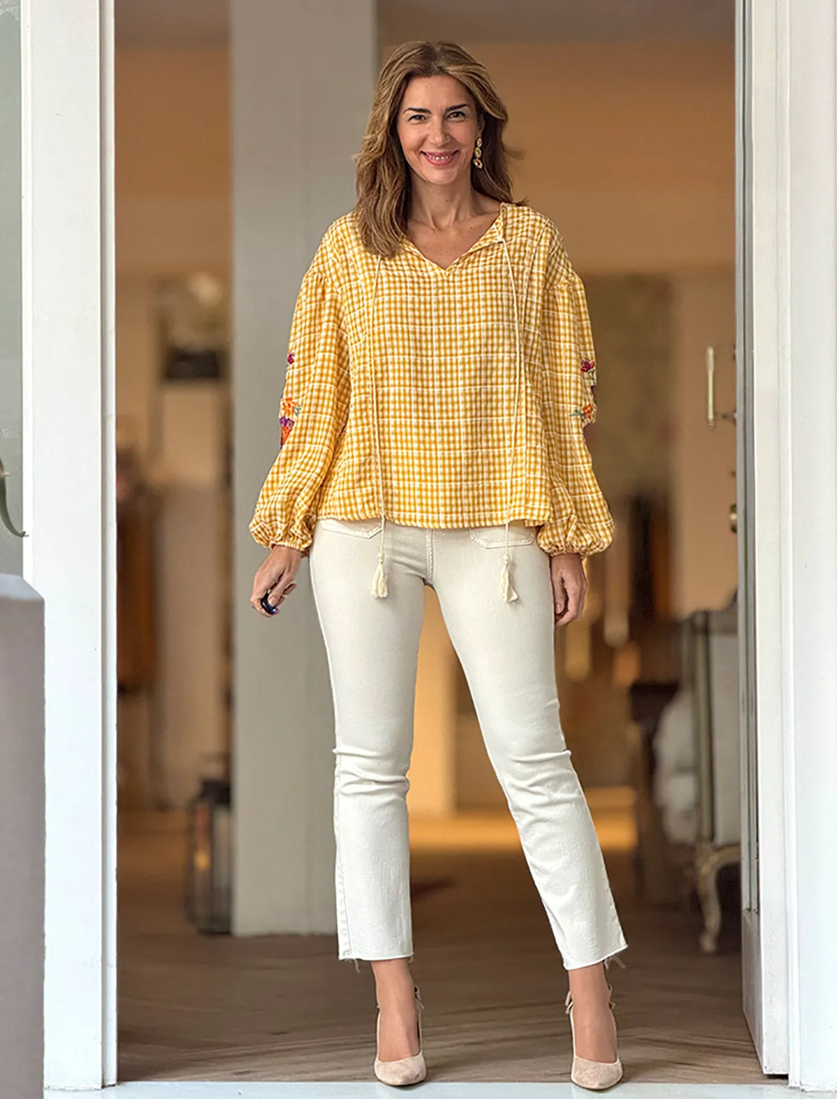 Blusa cuadros vichy amarilla bordada