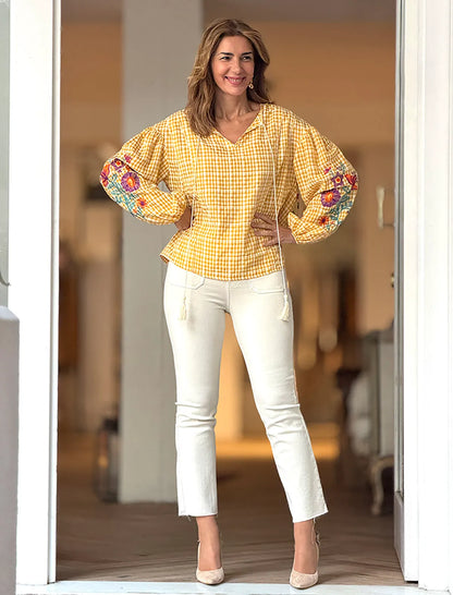 Pantalón vaquero beige elástico