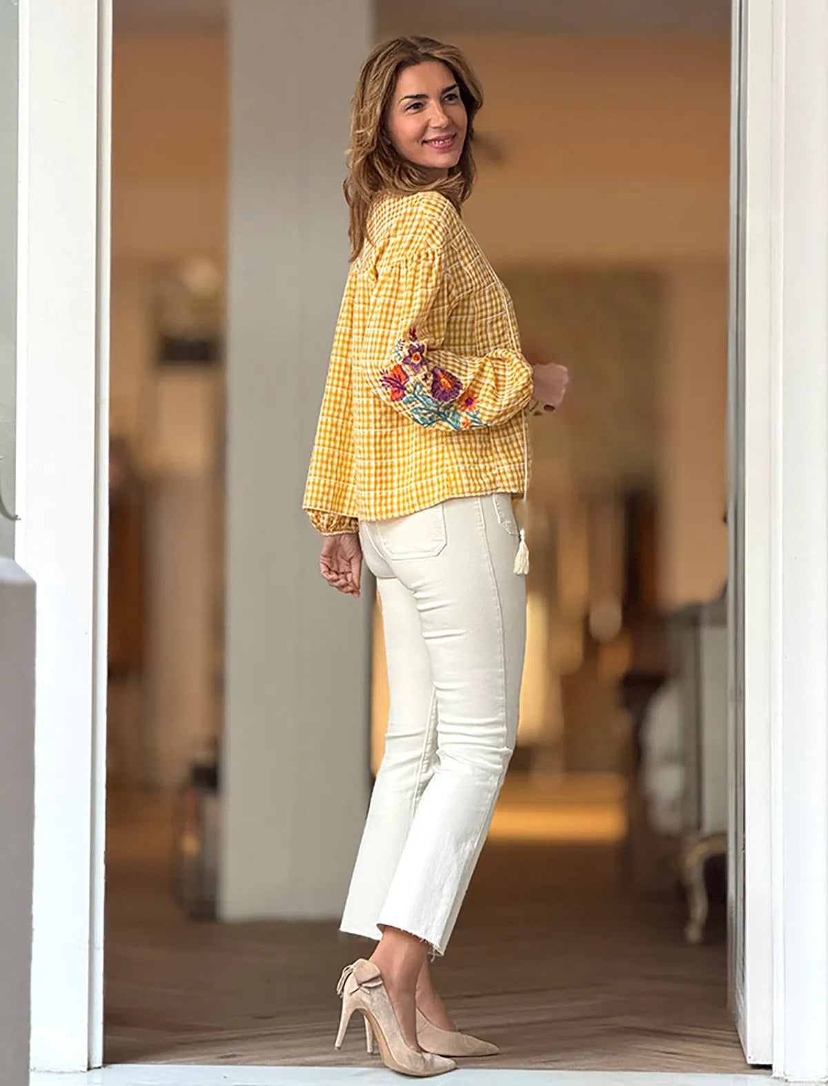 Pantalón vaquero beige elástico