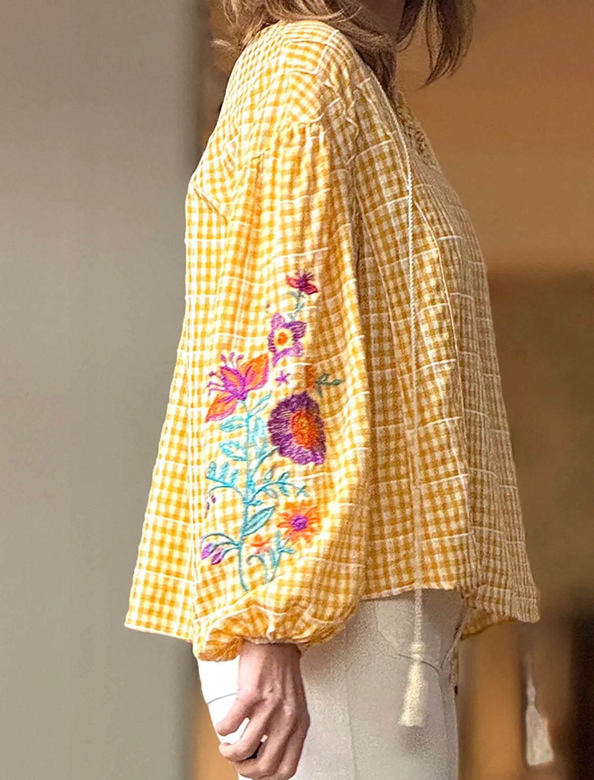 Blusa cuadros vichy amarilla bordada