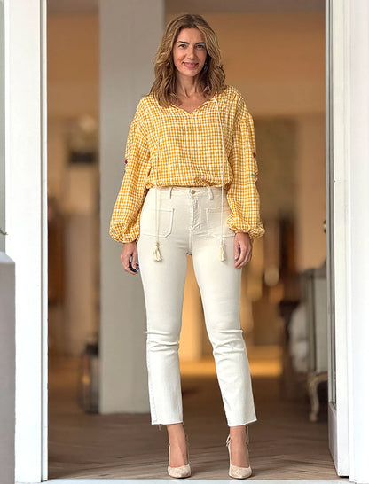 Pantalón vaquero beige elástico