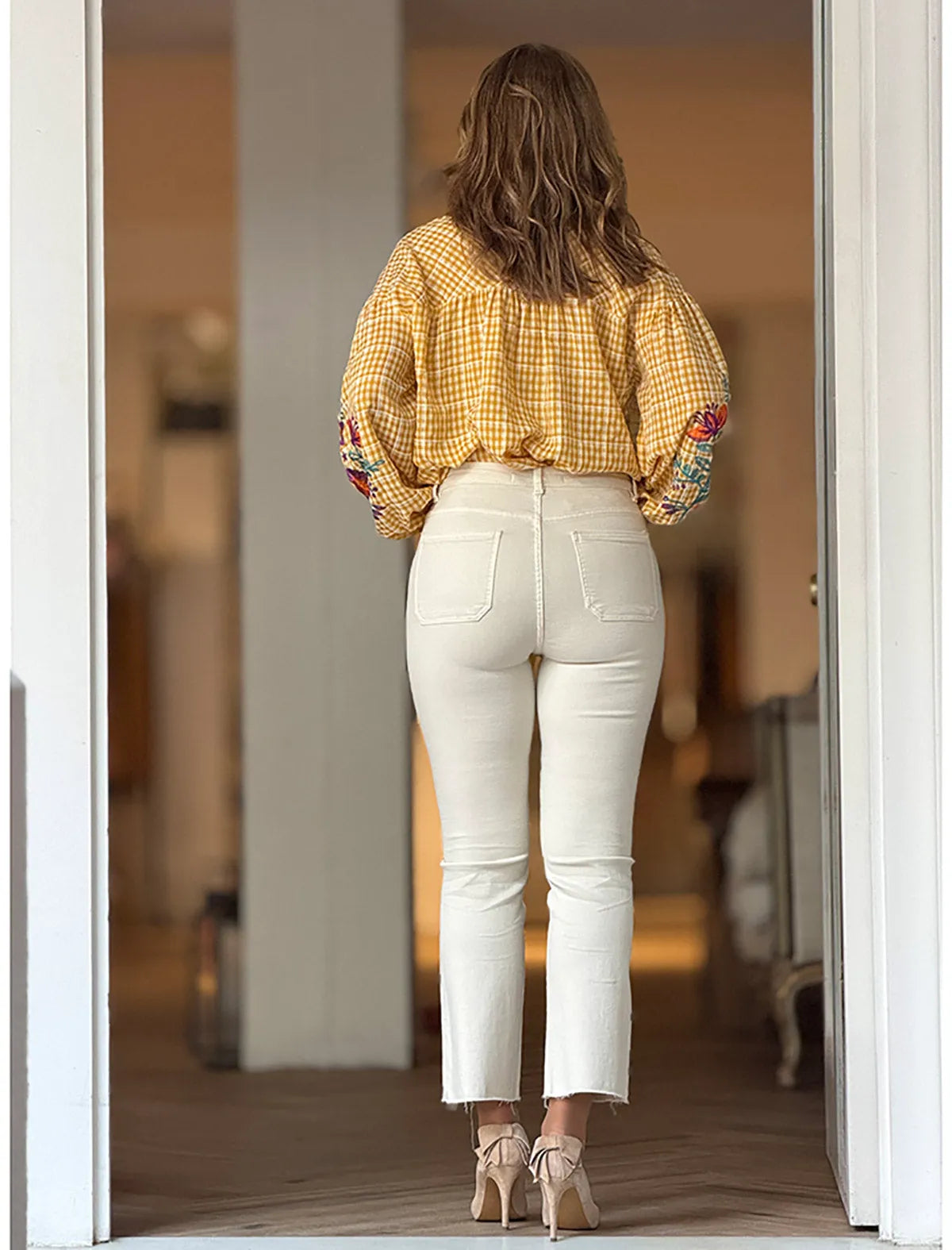 Blusa cuadros vichy amarilla bordada