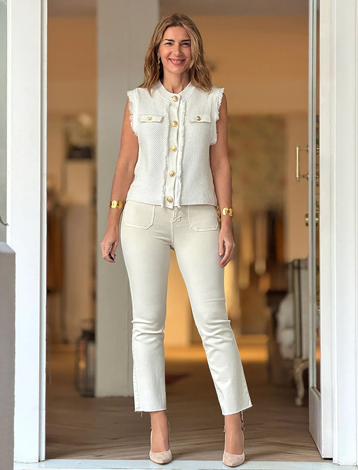 Pantalón vaquero beige elástico