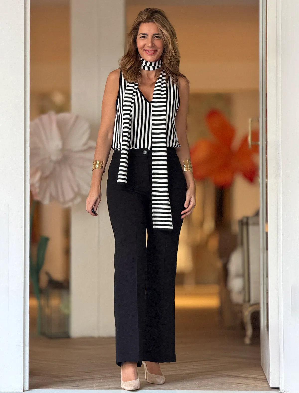 Top de punto rayas marineras negro