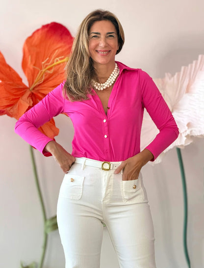 Pantalón blanco flare bolsillos