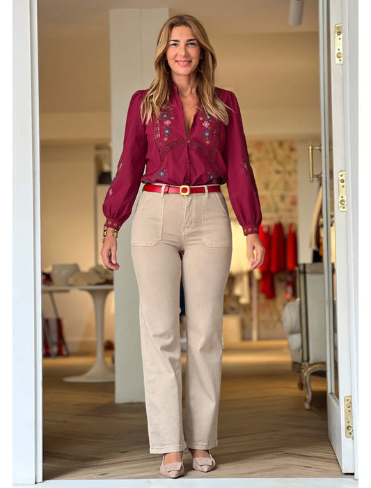 Pantalón vaquero beig talle alto