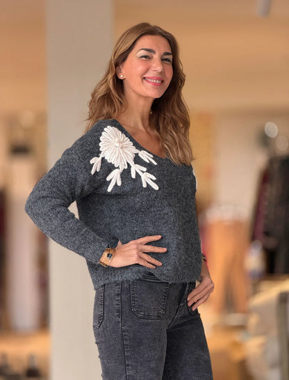 Jersey bordado gris