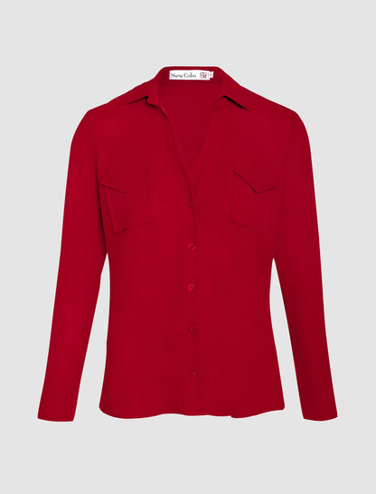 Camisa burdeos de mujer polo de bolsillos